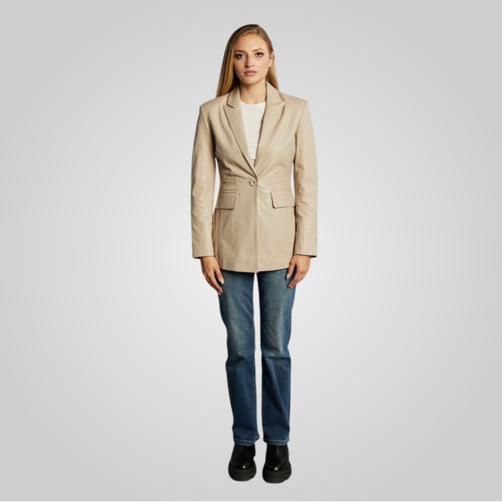 Bod & Christensen Auriana Single‑Breasted 100% Cream Leather Blazer Jacket